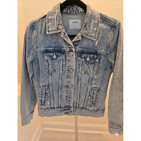 Old Navy Jackets & Blazers - Old Navy Star Studded Collar Fray Denim Trucker Classic Jean Jacket Women’s L